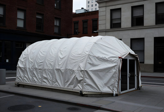 Urban emergency response and temporary shelter, white tent structure on city sidewalk for public health crisis or disaster relief in metropolitan area
