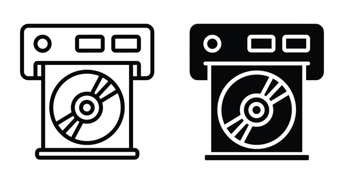CD DVD printer icon set showing disc printing process with line and solid glyph styles for hardware and media design