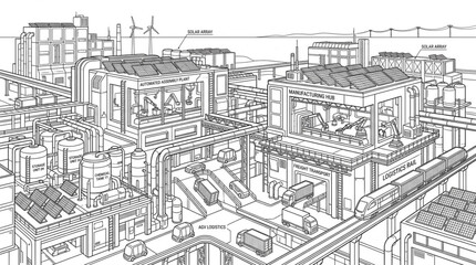 Obraz premium Comprehensive line art illustration of a sprawling industrial manufacturing plant with production halls and supply