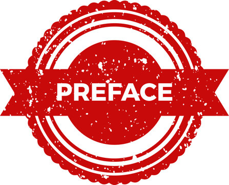 Red grunge round preface stamp badge with ribbon banner isolated on a white background