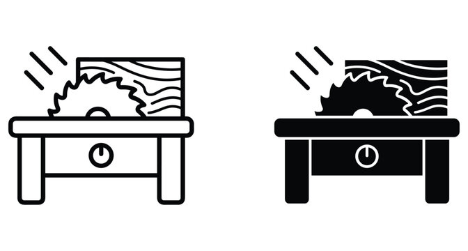 Table saw icon set showing circular blade cutting timber plank on workbench for carpentry woodworking construction and industrial manufacturing projects
