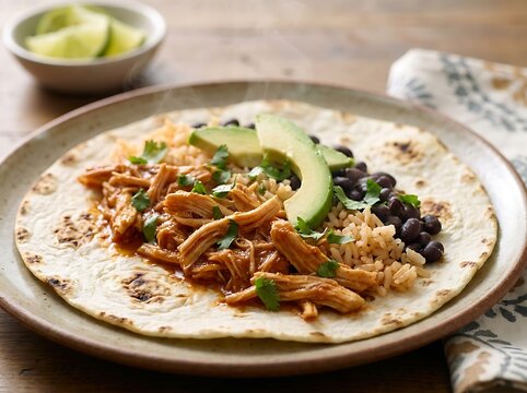 Fresh chicken taco with black beans and sliced avocado on a round plate. Chicken tinga