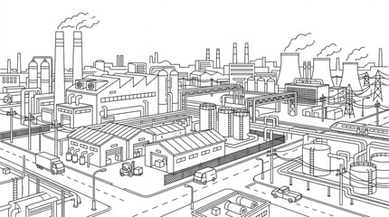Obraz premium Panorama sketch of an urban industrial district with multiple factories manufacturing plants and power lines