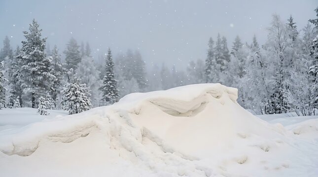 Beautiful winter landscape with large snowdrift in front of a misty pine forest under falling snow
