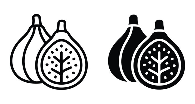 Fig fruit icon set featuring whole and half sliced figs in outline and solid black glyph style for graphic design projects