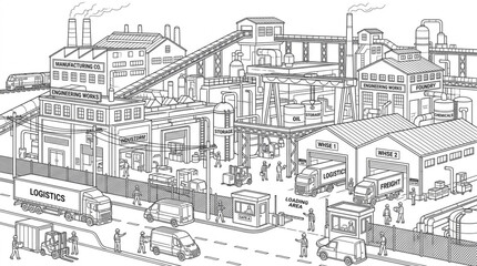 Obraz premium Black and white line art illustration of an industrial manufacturing plant complex with logistics and warehouses