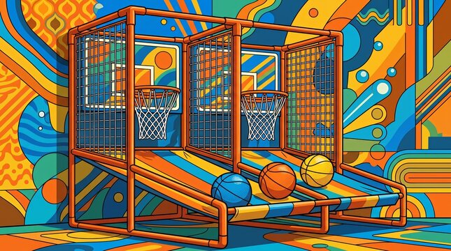 Colorful Retro Arcade Dual Hoop Basketball Shootout Game Vector Illustration