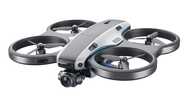 A sleek gray drone with four propellers and a camera on a transparent background PNG with alpha channel