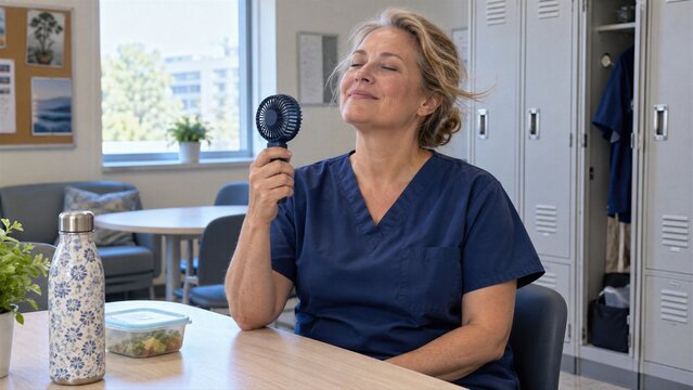 Midlife nurse takes cooling break with portable fan, creating clear concept for hot flash management, workplace support and healthcare staff wellbeing during shift.