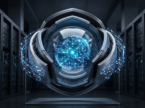 Futuristic artificial intelligence quantum core processor with glowing blue neural network sphere inside modern data center server room.