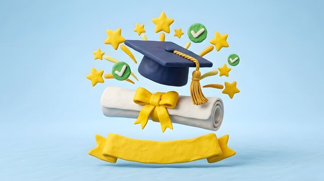 Graduation hat and rolled diploma hover near a blank yellow ribbon with floating checkmarks.