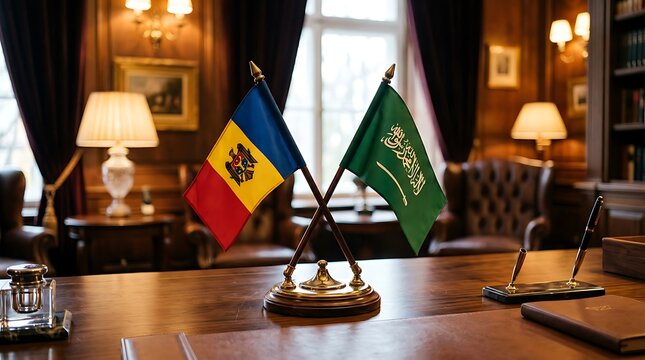 Small flags of Moldova and Saudi Arabia on a wooden desk during an official diplomatic meeting