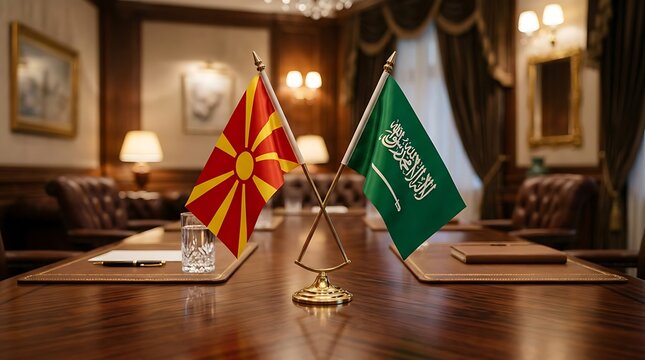 North Macedonia and Saudi Arabia small flags on wooden table in a luxury boardroom for diplomacy