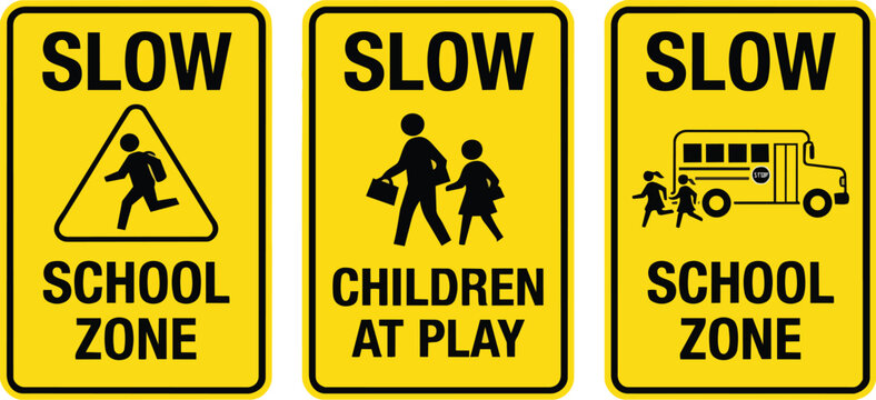Yellow school zone warning road signs vector graphic illustration on transparent background
