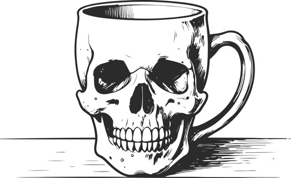 Skull shaped coffee mug illustration detailed black and white drawing of a ceramic cup with a human skull design