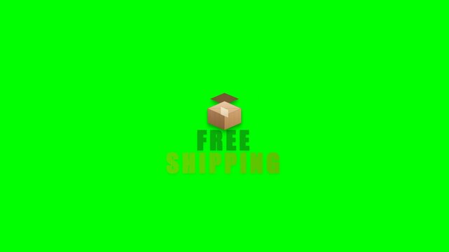 Green screen free shipping animation showing shipping fee dropping from 9.99 to zero dollars with cardboard box on chroma key background