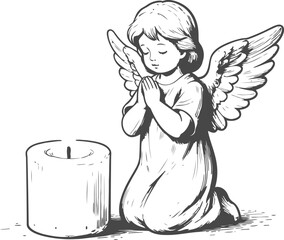 Obraz premium Angel kneeling with praying hands next to large candle religious spiritual symbol of faith and devotion