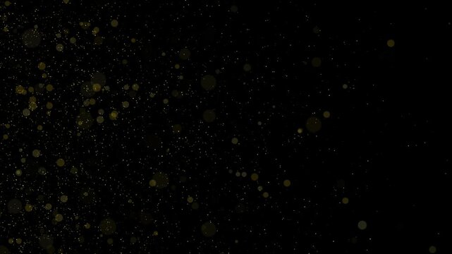 Abstract golden dust sparkles and luxury bokeh particles flying in dark space motion background for party celebration overlay