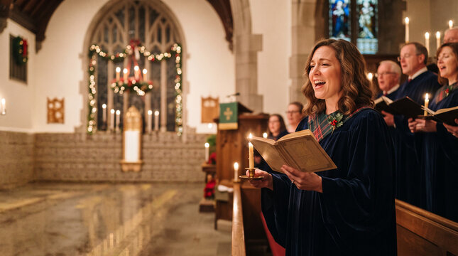 A diverse choir sings in a warmly lit church during Christmas season