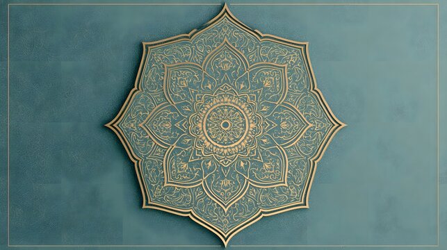 Ornate golden Islamic geometric mandala pattern on textured green background. Ideal background for Ramadan Kareem and Eid Mubarak greeting cards.
