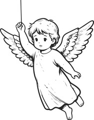 Obraz premium Cute angel boy flying with wings and holding a stick in hand heavenly child illustration in robe