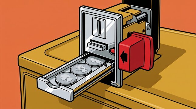 Vintage Coin Slide Mechanism Loaded With Quarters In Laundromat