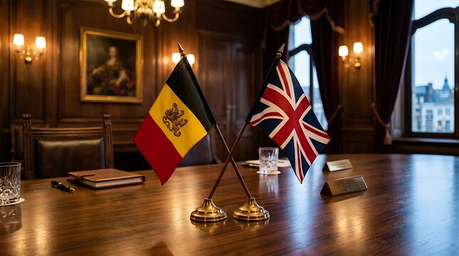 Small Flags of Belgium and United Kingdom on Wooden Table in Formal Diplomatic Office Meeting Room