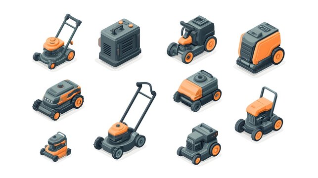 Isometric set of modern lawn mowers isolated on white background. Useful for gardening service or outdoor equipment product design catalogs.