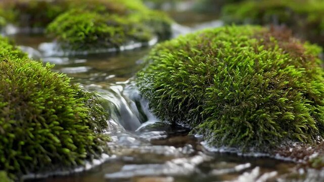 苔の上を薄く広がる湧水 シームレスループ動画背景 16:9 4K