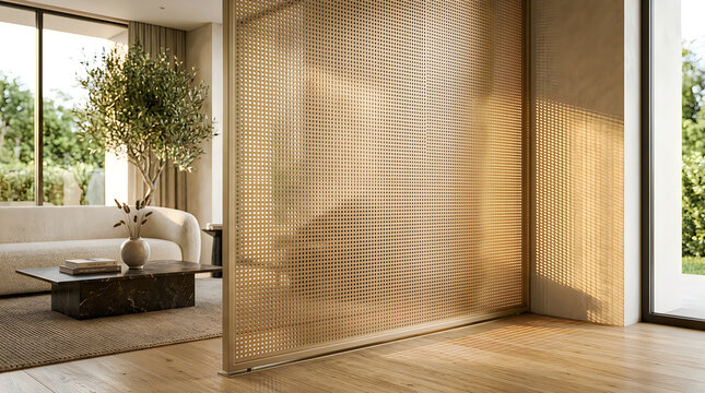 Modern wooden room divider with geometric pattern in a bright contemporary living room interior