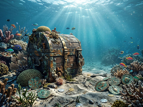 Ancient sunken pirate treasure chest covered in barnacles and surrounded by antique coins on sandy seabed with coral reef and swimming tropical fish under sunbeams.