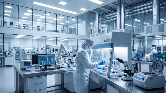 Scientist Working in High-Tech Cleanroom Pharmaceutical Laboratory