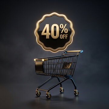 Black shopping cart with a floating scalloped badge displaying 40 percent off in gold lettering against a dark, smoky background