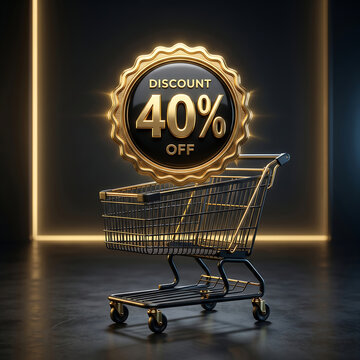 Black shopping cart with a gold 40 percent discount badge, circular emblem with metallic trim against a dark background, with glowing light lines