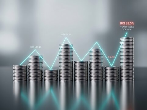 Stacks of coins illustrate a rising financial graph with market data