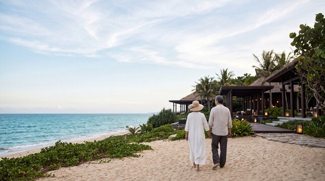 Senior Couple Holding Hands While Walking on Tropical Beach Resort