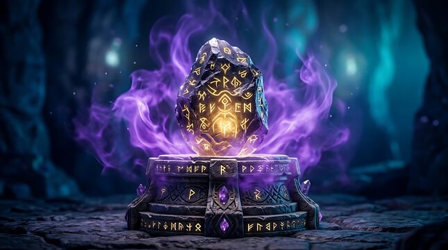Ancient Glowing Rune Stone with Mystical Purple Energy Smoke on Ornate Altar in Dark Fantasy Dungeon