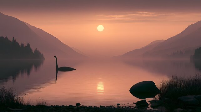 A mystical monster swimming in a serene loch during a glowing sunset. Fantasy landscape concept for myth and legend themes.