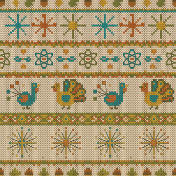 Mid Century Modern Seamless Fair Isle Knit Pattern with Atomic Starbursts and Birds Knitted Vector Illustration Background