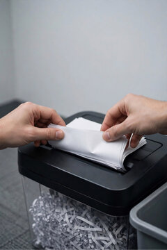 Person shredding confidential documents in an office paper shredder