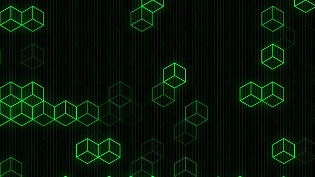 Abstract glowing green isometric cube grid technology background loop