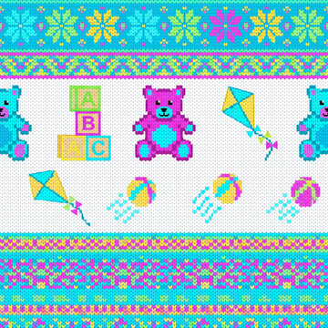 Cute Baby Toys Seamless Fair Isle Knit Pattern with Teddy Bears Kites and ABC Blocks Knitted Vector Illustration Background
