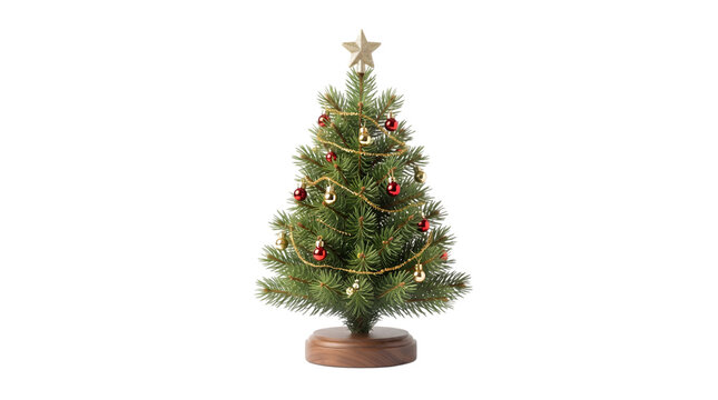 Small decorated Christmas tree with star on top and transparent background PNG
