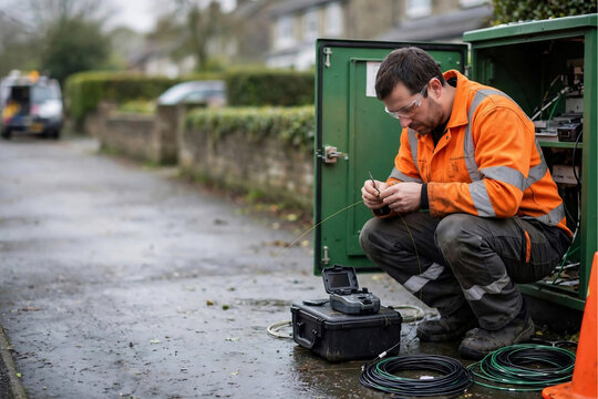 Telecom technician splicing fiber optic cable outdoors