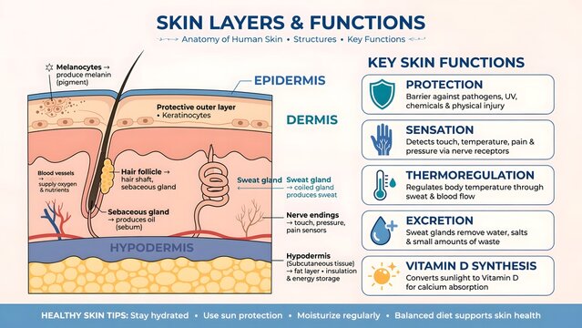 Educational Infographic Diagram of Human Skin Anatomy Layers and Functions.