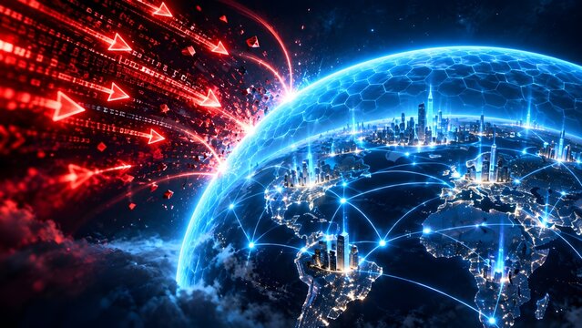 Global earth network protected by blue energy dome deflecting red incoming cyber attack arrows representing security