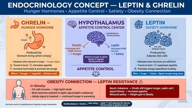 Educational Endocrinology Infographic Diagram Explaining Leptin Ghrelin Hunger Hormones and Obesity Resistance.