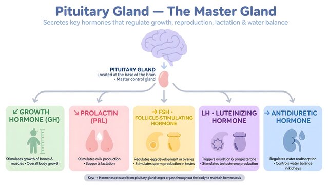 Medical diagram illustrating pituitary gland hormones and their function in human physiology.