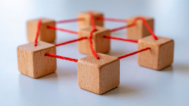 Close-up of smooth wooden cubes connected by vibrant red strings, carefully arranged as a collaborative network, visual metaphor for teamwork, interpersonal connections, and shared goals, clean neut