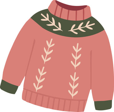 Cozy coral Christmas sweater decorated with cream botanical branches and contrasting olive green accents in a simple flat illustration style.